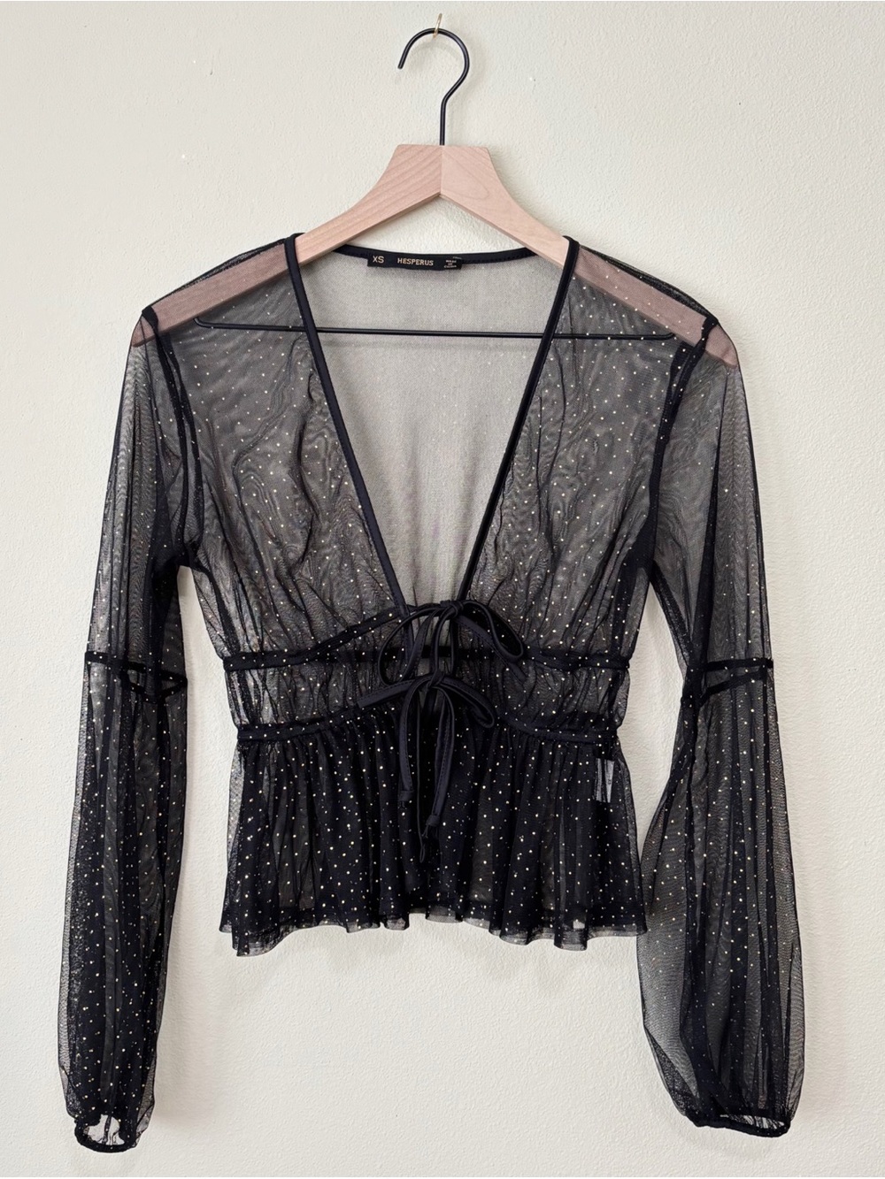 Hesperus Size XS Black Sheer Mesh Gold Polka Dot Long Sleeve Tie Front Shirt